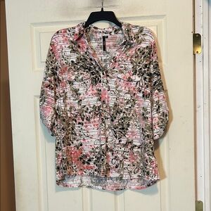 Cathy Pink and White Floral Striped Button Down Blouse Size XL